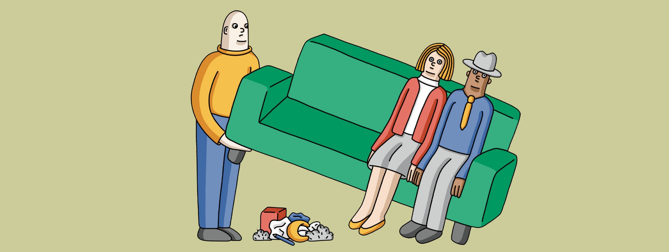 Die Illustration zeigt ein Paar, das auf einem grünen Sofa sitzt, während ein Mann das Sofa hochhebt und es darunter unordentlich ist
