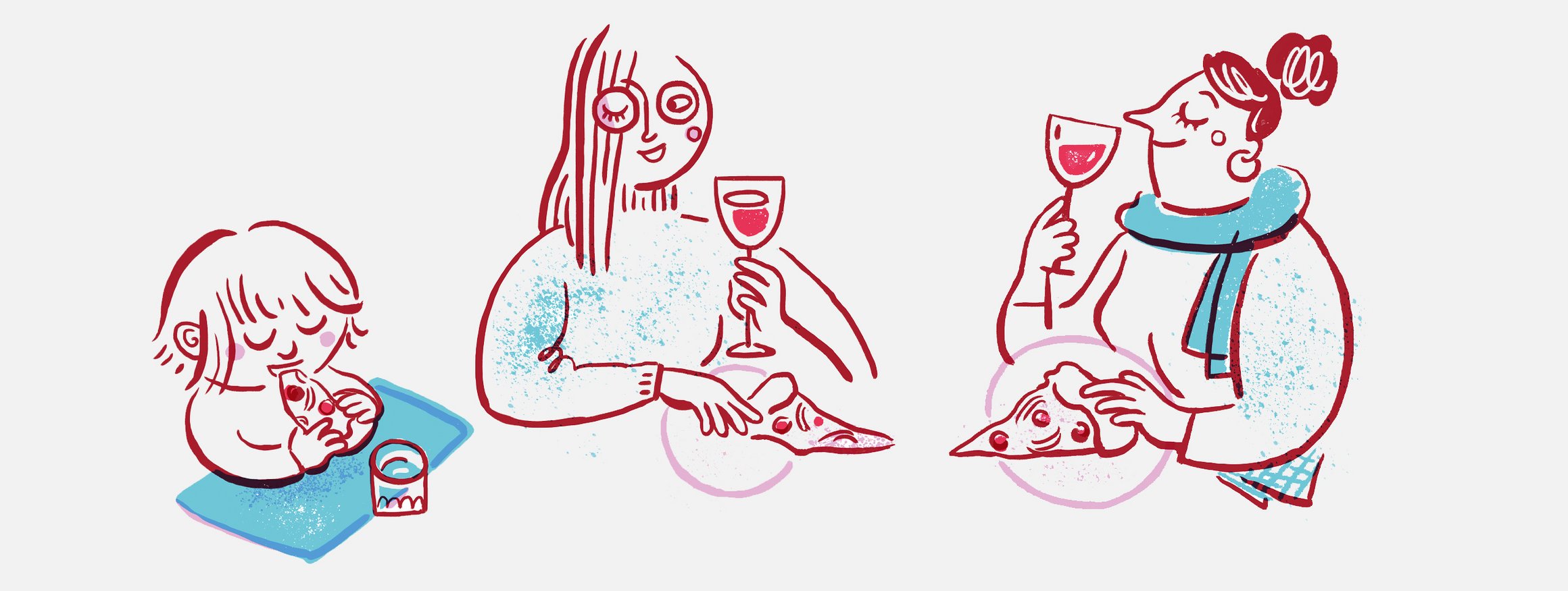 Die Illustration zeigt zwei Frauen und ein Kind am Tisch beim Pizzaessen, während die beiden Frauen beim Essen auch ein Glas Wein genießen