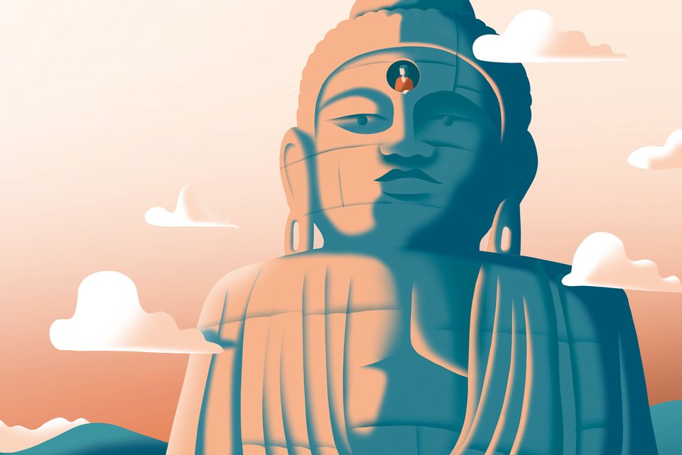 Die Illustration zeigt eine große steinerne Buddhastatue in einer Landschaft, an deren Kopf eine runde Öffnung ist, aus der eine Frau rausschaut