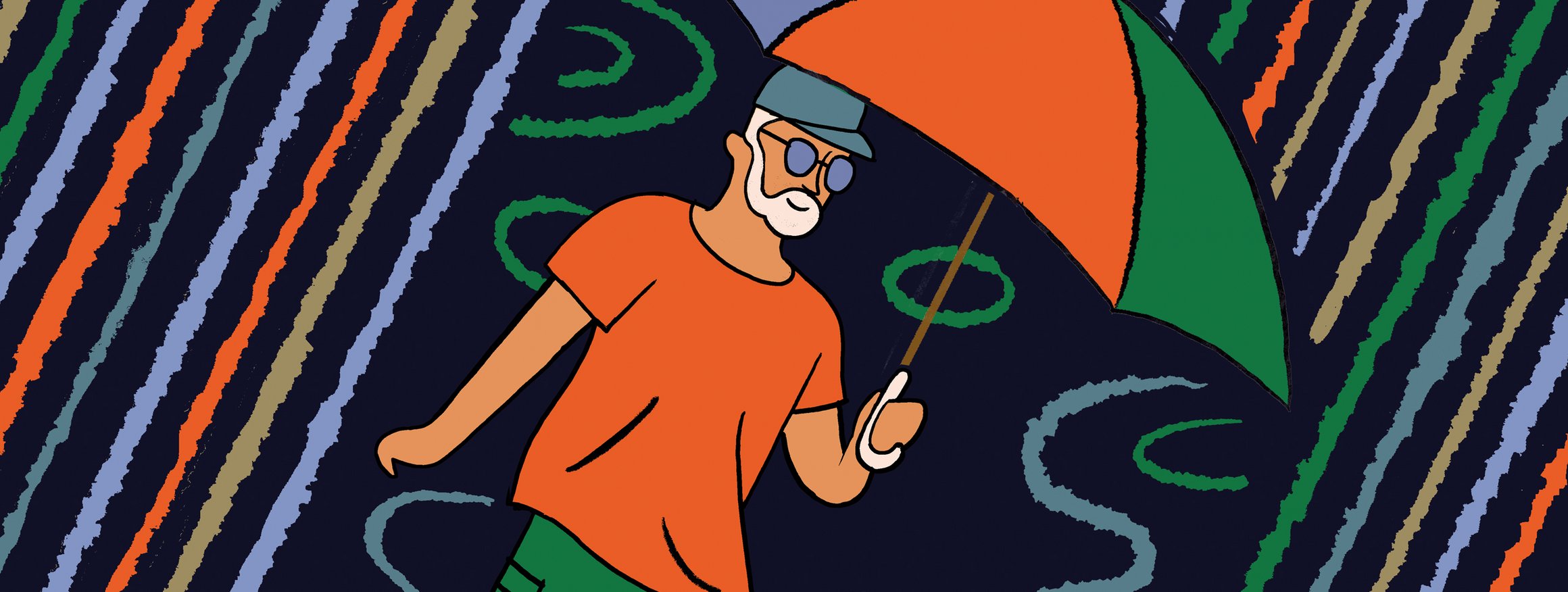 Die Illustration zeigt einen Mann mit einem bunten Regenschirm, der durch einen bunten Regenschauer geht,  und wo er drauftritt ist die Sonne