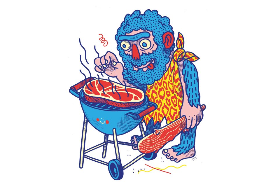 Die Illustration zeigt einen Ur-Mensch mit Keule in der Hand, der am Kugelgrill sich ein Stück Fleisch brät