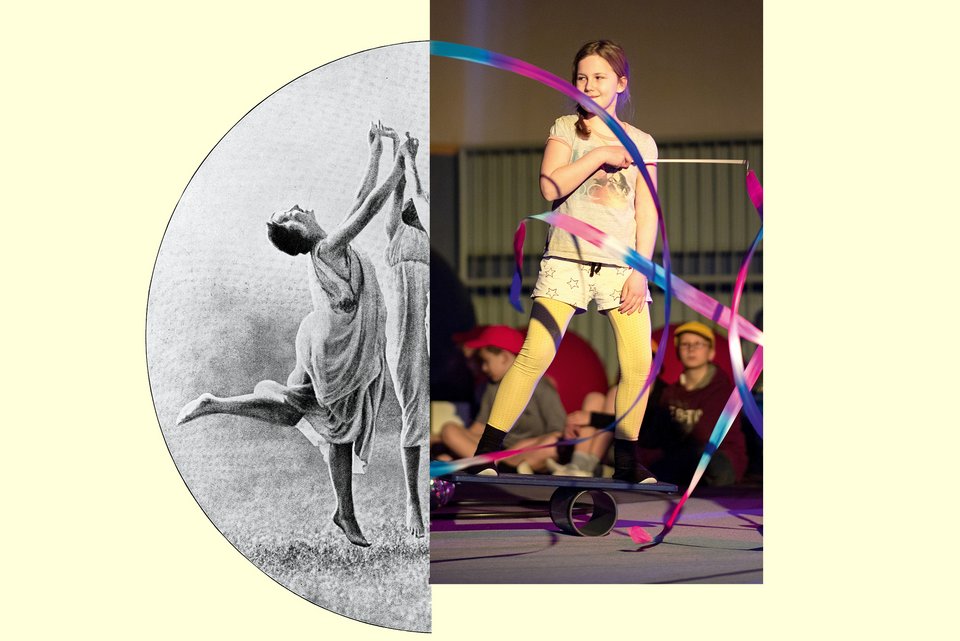 Das Bild zeigt zur einen Hälfte Mädchen im Jahr 1913 beim Eurythmieunterricht und zur anderen Hälfte ein Mädchen beim Zirkusunterreicht an einer Dresdner Waldorfschule in der heutigen Zeit