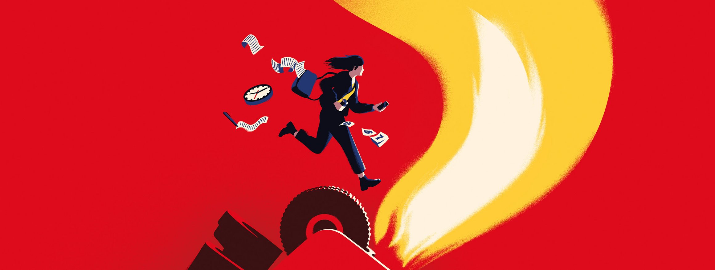 Die Illustration zeigt eine Frau, die gehetzt von ihren vielen to-dos´s hinein ins lodernde Feuer springt.