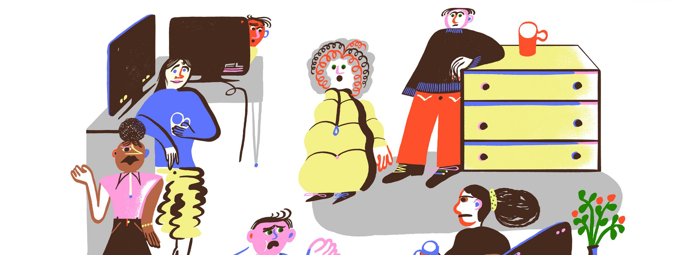 Die Illustration zeigt einen Mann in einem Büro, der gestresst wirkt, und mit einer Kollegin redet, die ihn unfreundlich anschaut mit einer  Tasse in der Hand
