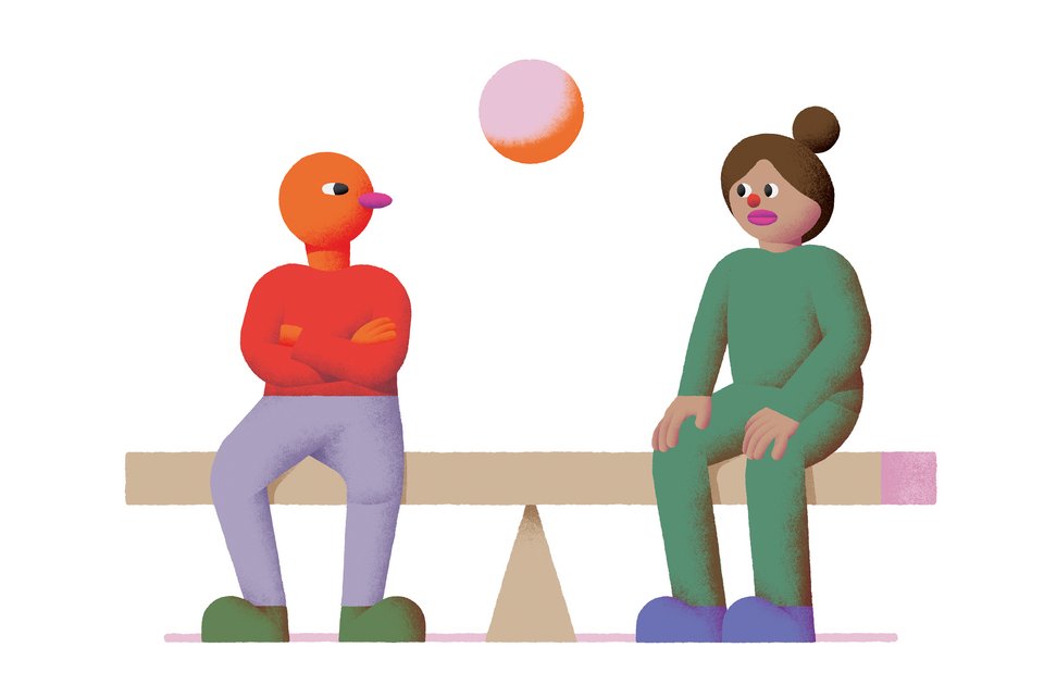 Die Illustration zeigt einen Mann und eine Frau, die sich kritisch beäugen. Sie sitzen auf einer wackligen Bank, die an eine Waage erinnert.