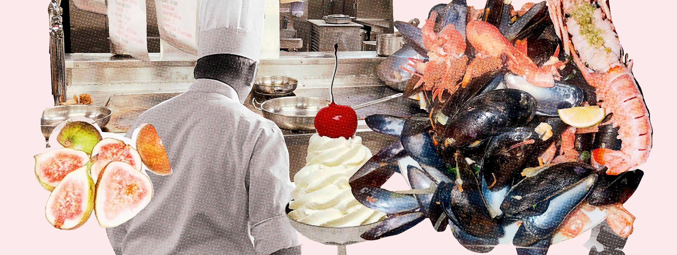 Die Illustration zeigt einen Koch in einer Restaurantküche, umgeben von Töpfen, Feigen Muscheln, Garnelen und Sahne