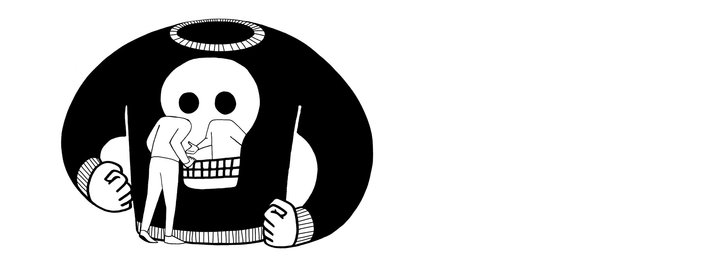 Die Illustration zeigt einen jungen Menschen, der vor einem großen Pullover steht, auf dem ein Totenkopf abgebildet ist