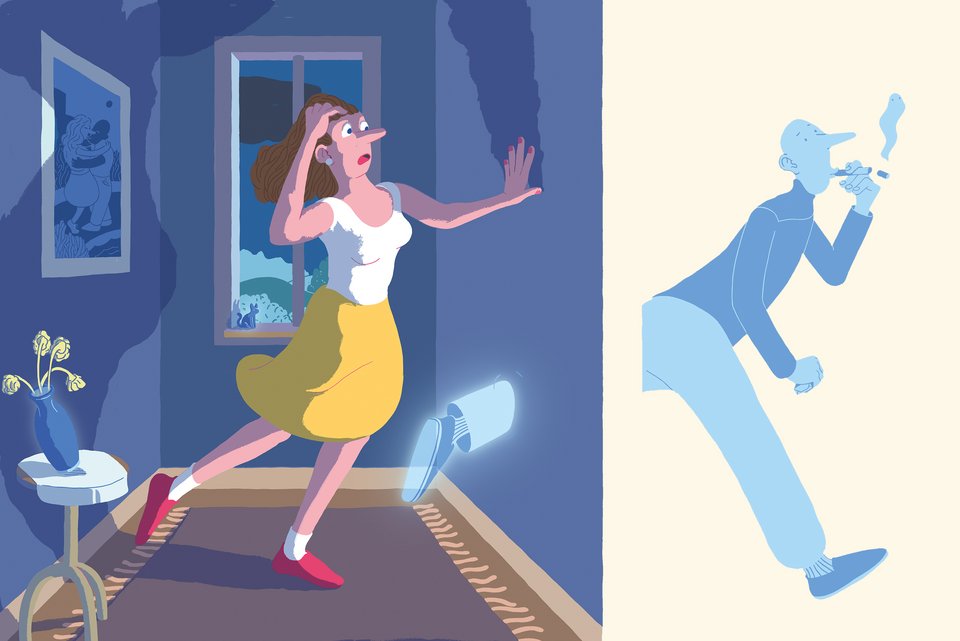 Die Illustration zeigt eine Frau, die verzweifelt sich an den Kopf greift, weil ihr Partner durch die Wand verschwindet und sich ohne vorherige Ansage von ihr trennt
