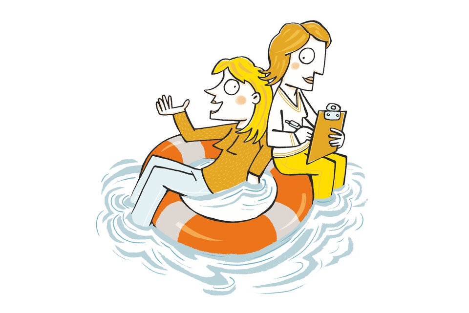 Die Illustration zeigt eine Rettungsring auf dem eine Patientin sitzt und erzählt, dabei sitzt eine Therapeutin, die zuhört und sich dabei Notizen macht