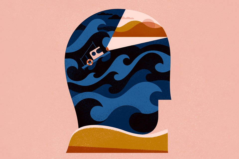 Die Illustration zeigt einen Kopf mit einem Boot darin, das auf Wellen schwimmt und in die Dunkelheit leuchtet