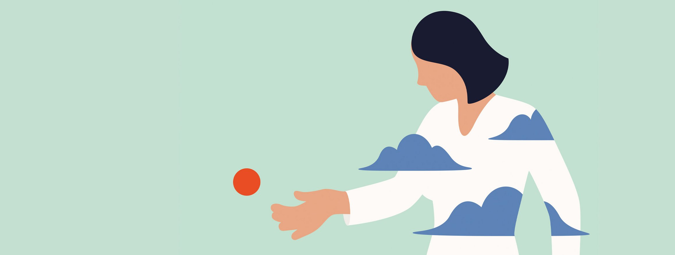 Die Illustration zeigt eine sensible Frau in einem weißen Kleid umgeben von blauen Wolken, die sanft einen kleinen, roten Ball wirft