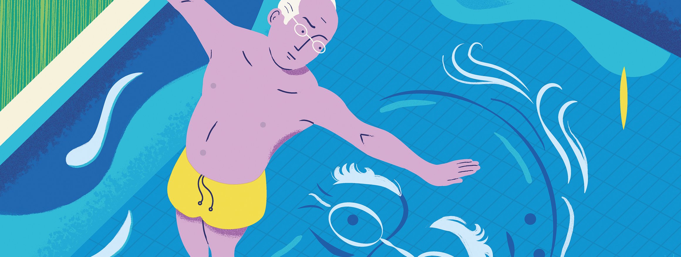 Die Illustration zeigt einen Rentner in gelber Badehose auf dem Sprungbrett, daneben ist die Kleidung, Schuhe und der Aktenkoffer, und setzt zum Sprung an, während auf dem Wasser des Pools die Umrisse seines Gesichts zu sehen ist