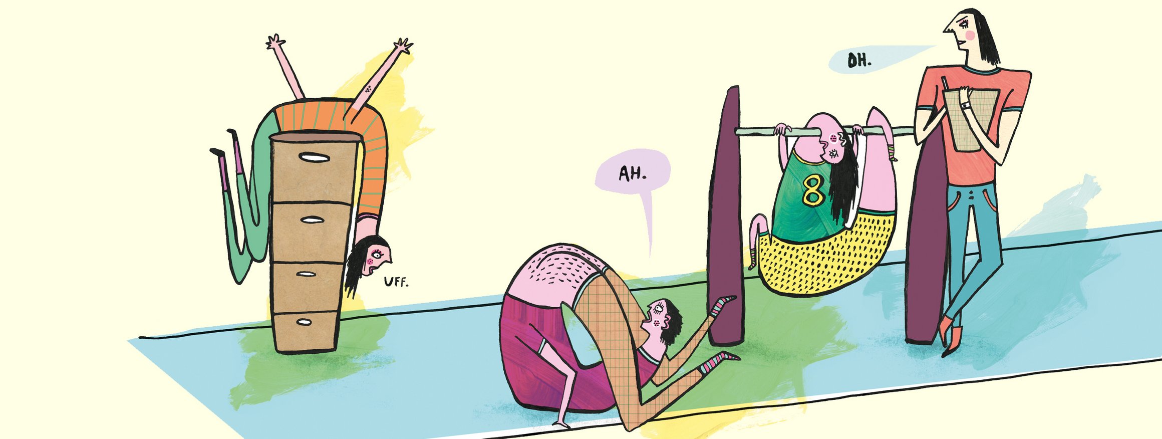 Die Illustration zeigt eine Schülerin und ein Schüler, die sich an Sportgeräten abmühen, während sie ein Lehrer prüfend beäugt