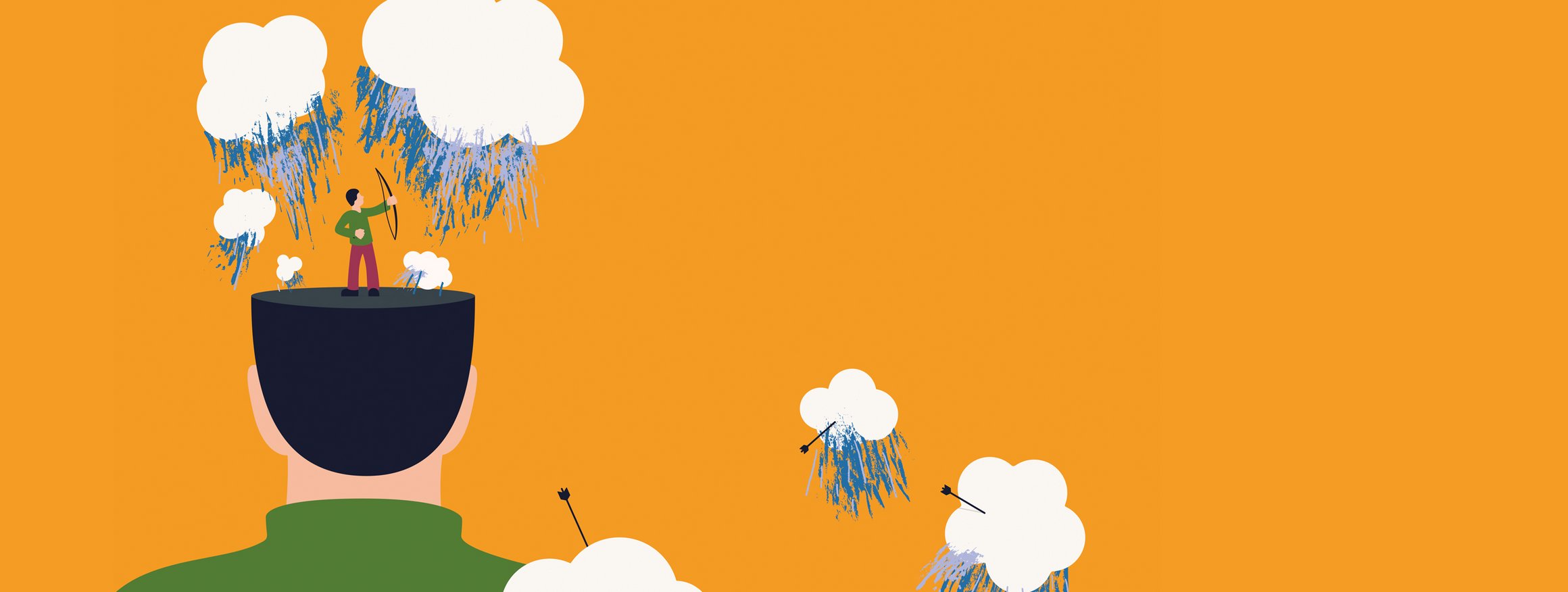 Die Illustration zeigt einen Mann mit einem Bogen, der auf einem Kopf steht und Pfeile auf Regenwolken abschießt