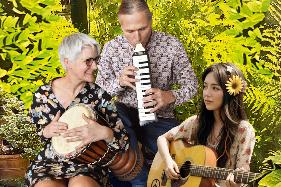 Die Illustration zeigt drei Personen beim Musizieren im Garten