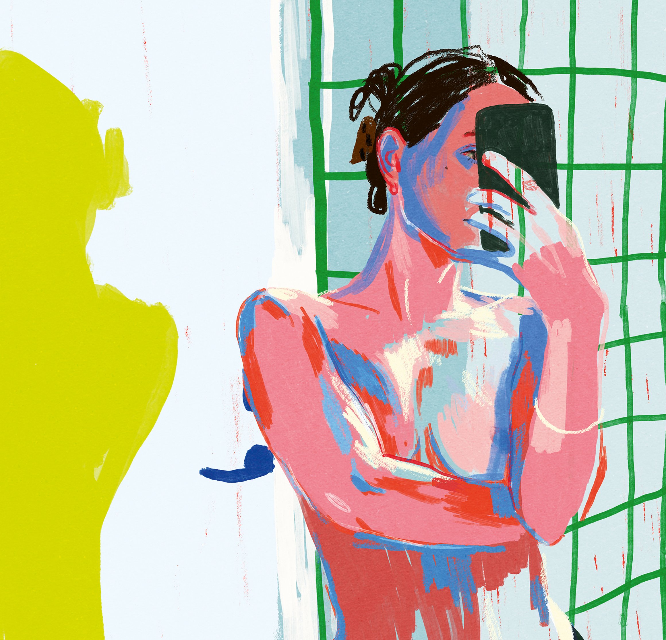 Die Illustration zeigt eine nackte Frau mit einem Smartphone in der Hand, die ein Selfie von sich macht