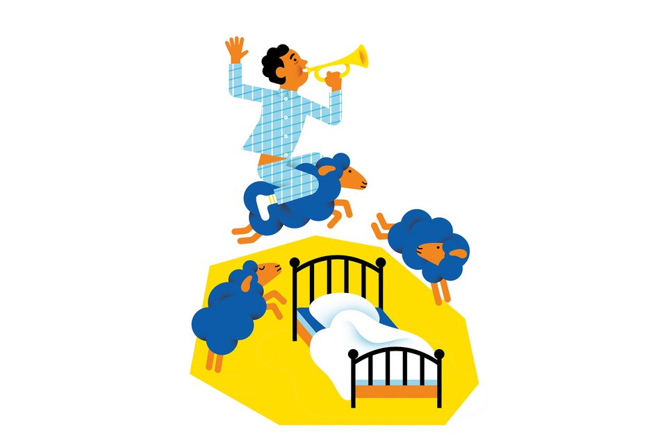 Die Illustration zeigt einen Mann im Pyjama, der schlaflos auf einem blauen Schaf um sein Bett reitet und dabei eine Trompete bläst, zusammen mit zwei weiteren Schafen