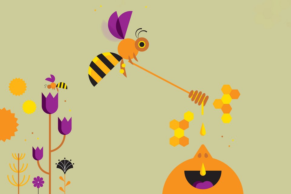 Die Illustration zeigt eine Biene, die mit einem Honiglöffel Honig in den Mund eines Menschen träufelt