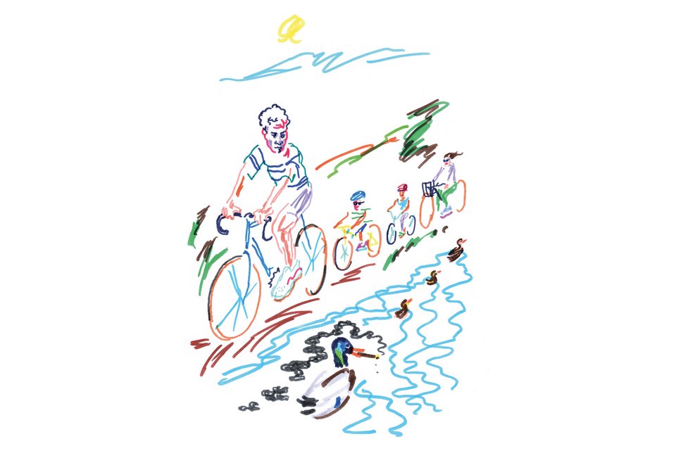 Die Illustration zeigt eine Familie, die an einem Bach entlang Fahrrad fährt, während auf dem Wasser eine Entenfamilie ist