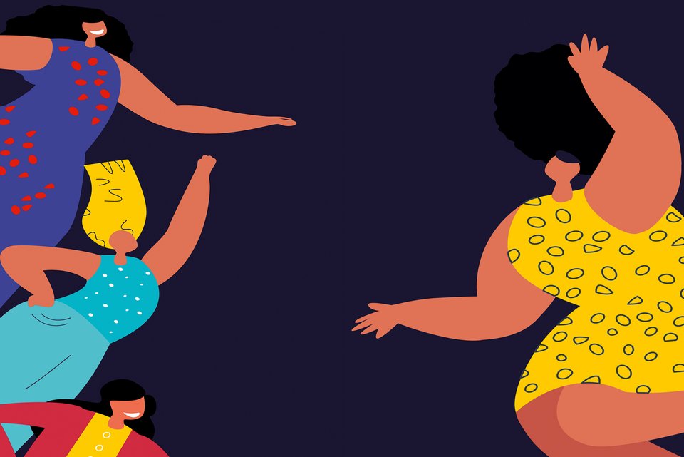 Die Illustration zeigt Frauen in bunter Kleidung, dabei steht eine Frau abseits und wird ausgelacht