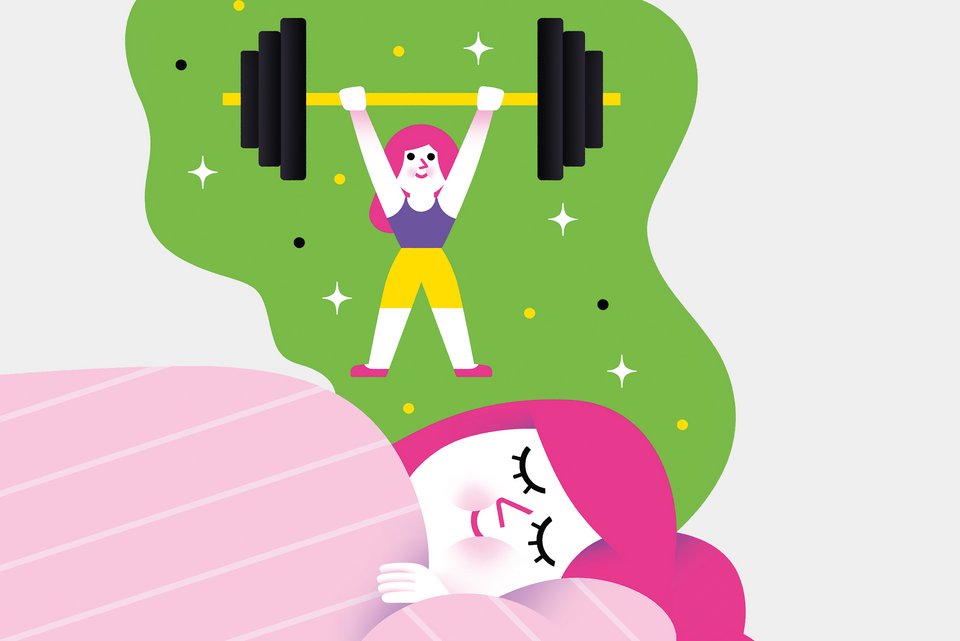 Die Illustration zeigt eine Frau mit pinker Haarfarbe, die davon träumt mit Hanteln zu trainieren