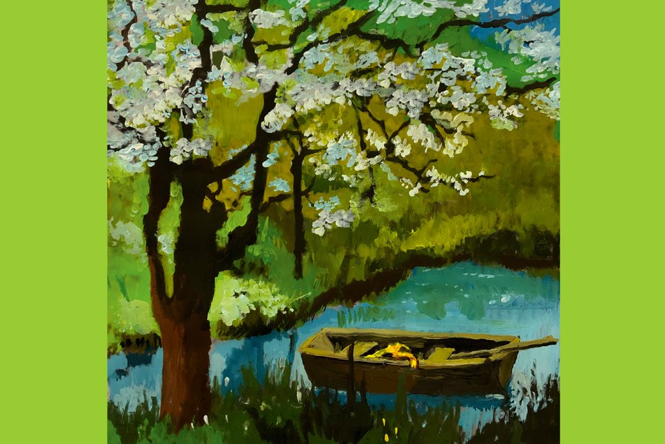 Das Gemälde von Andrea Ventura zeigt ein Boot in einem idyllischen See mit blühender Natur