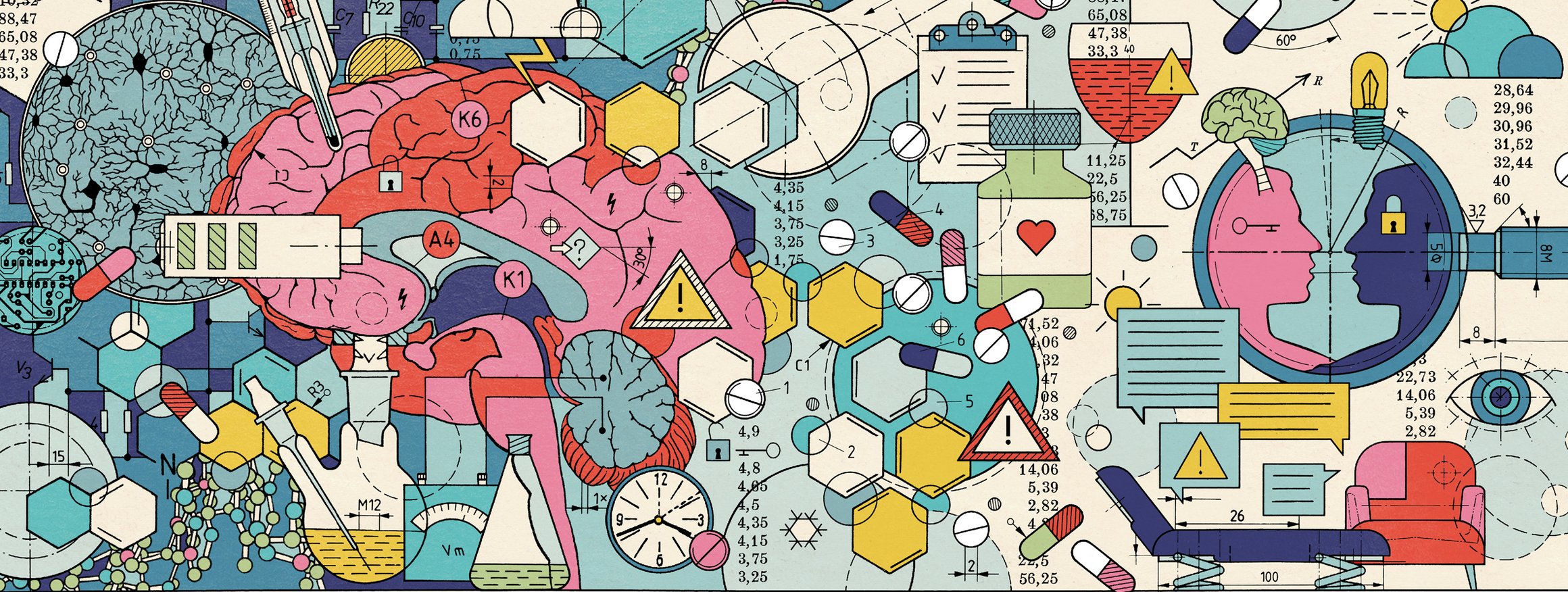 Die Illustration zeigt verschiedene Pillen und Psychopharmaka, die kunterbunt durcheinanderwirbeln, eine Therapeutenliege und Sofa, ein Gehirn und zwei Köpfe