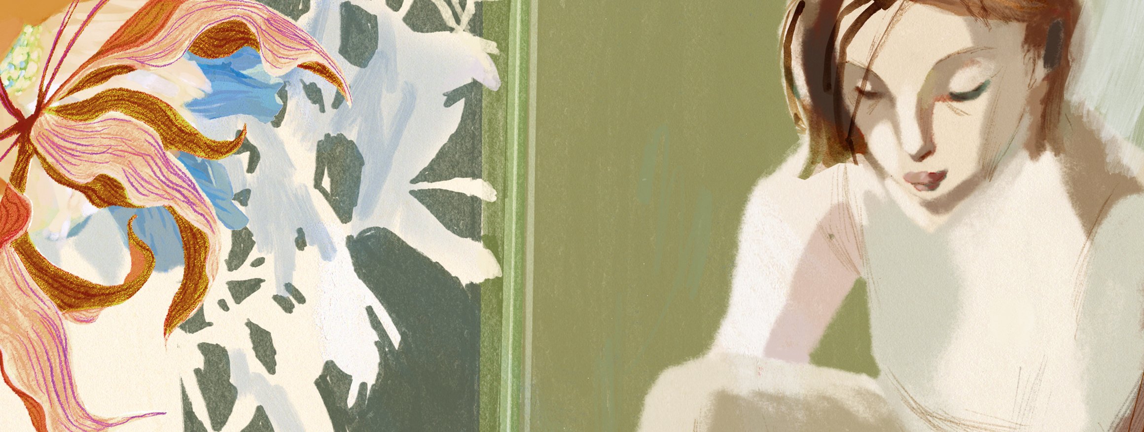 Die Illustration zeigt eine Frau in sich ruhend, daneben eine schöne Blume