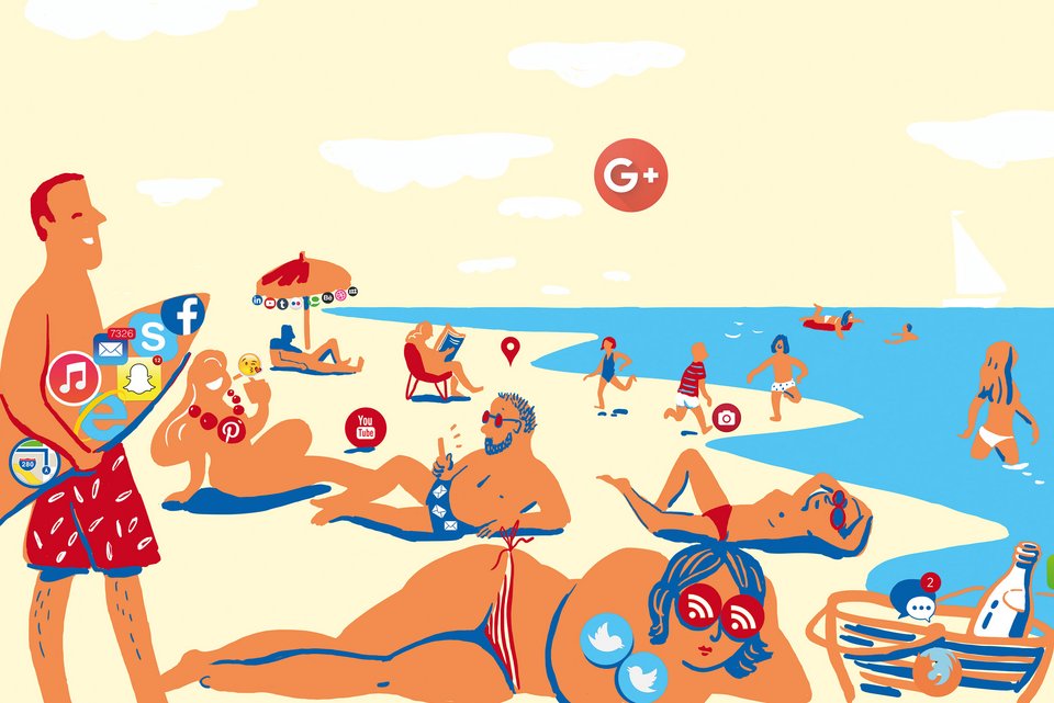 Die Illustration zeigt Menschen am Strand sitzend, liegend oder im Meer badend.