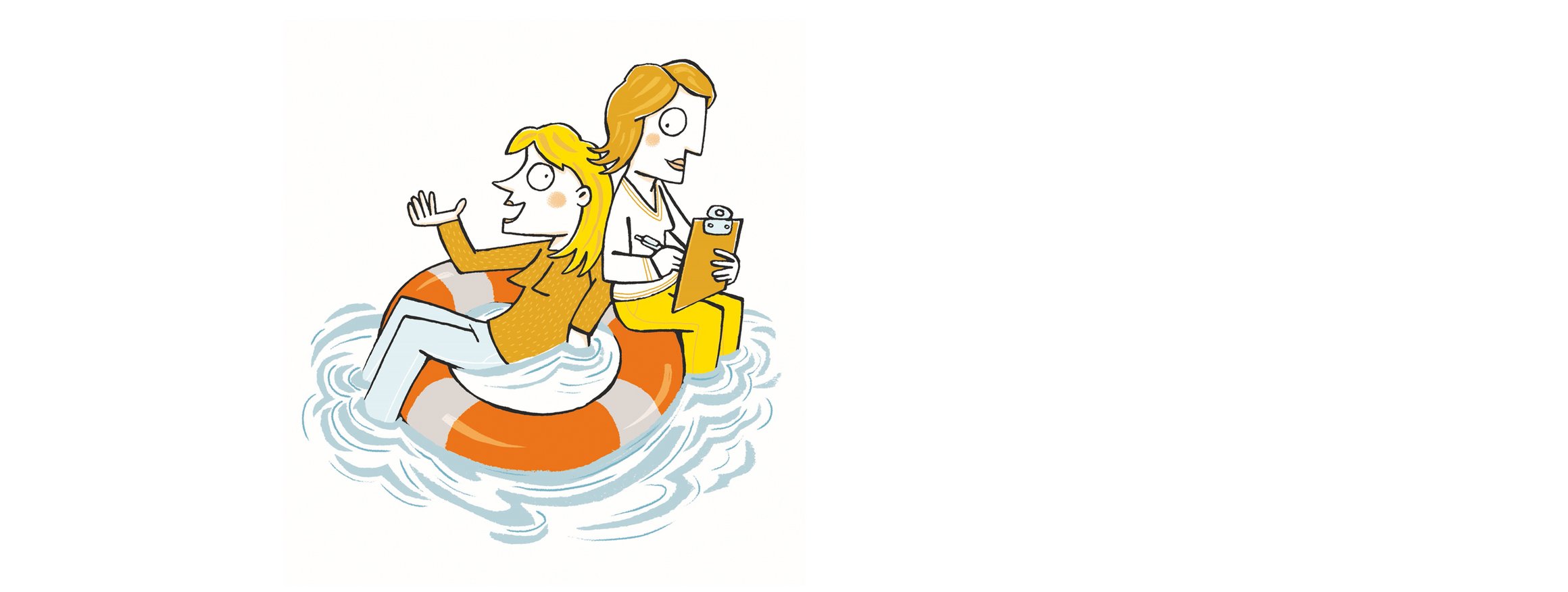 Die Illustration zeigt eine Rettungsring auf dem eine Patientin sitzt und erzählt, dabei sitzt eine Therapeutin, die zuhört und sich dabei Notizen macht