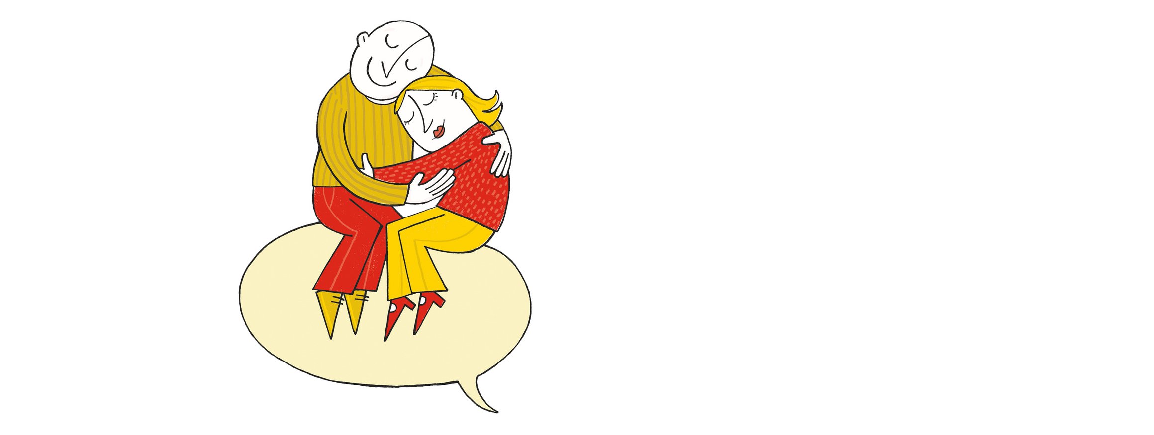 Ein Paar, das sich inniglich umarmt, sitzt auf einer Sprechblase