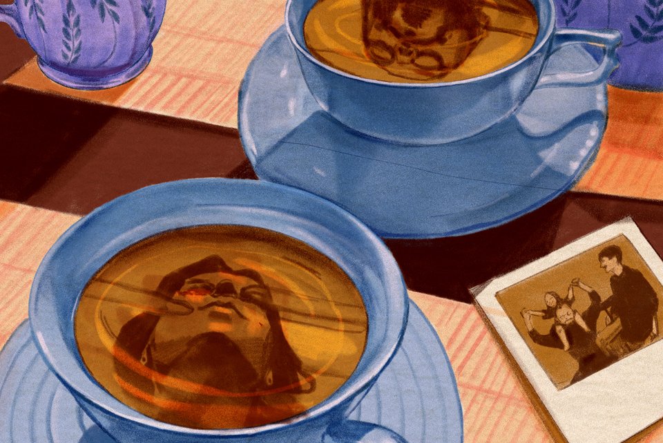 Die Illustration zeigt einen Kaffeetisch, auf dem zwei Tassen stehen, in denen sich Gesichter spiegeln