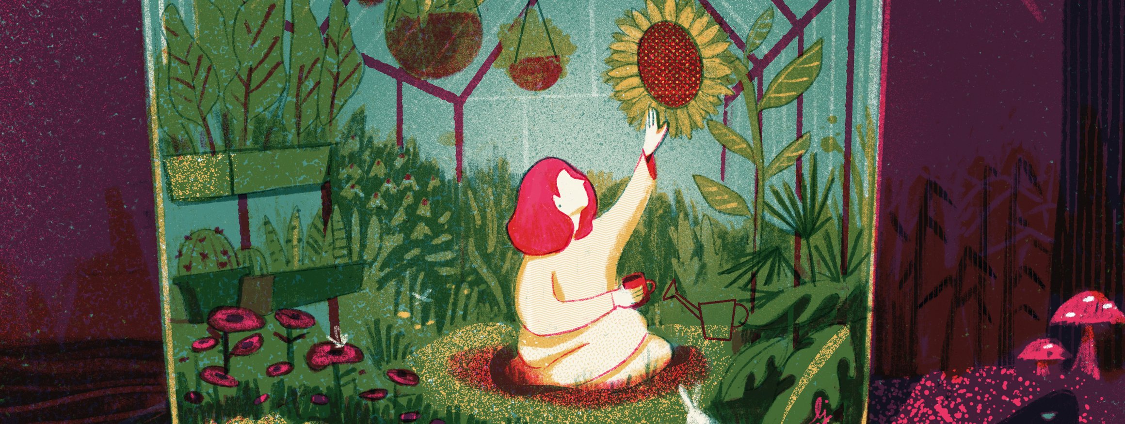Die Illustration zeigt eine rothaarige Frau, die in einem durchsichtigen Gewächshaus sitzt, umgeben von Pflanzen, darum ist ebenfalls Natur