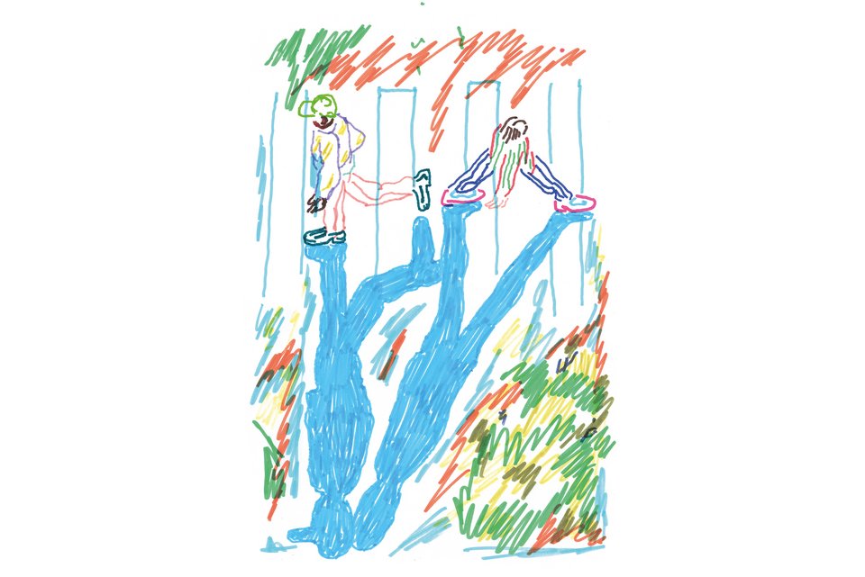 Die Illustration zeigt zwei Spaziergänger, die aneinander vorbeigehen, und zwei blaue Schatten werfen