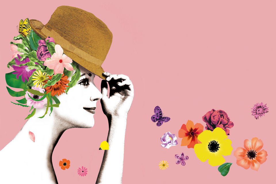 Die Illustration zeigt eine Frau im mittleren Alter die in ihrem Leben noch einmal etwas Neues beginnt und die ihren Hut lüftet aus dem lauter Blumen und Blüten hervorkommen.
