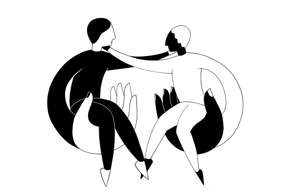 Die Illustration zeigt zwei Partner, die sich gegenseitig die Hand auf die Schultern legen und dabei auf ihrer freien Hand sitzen