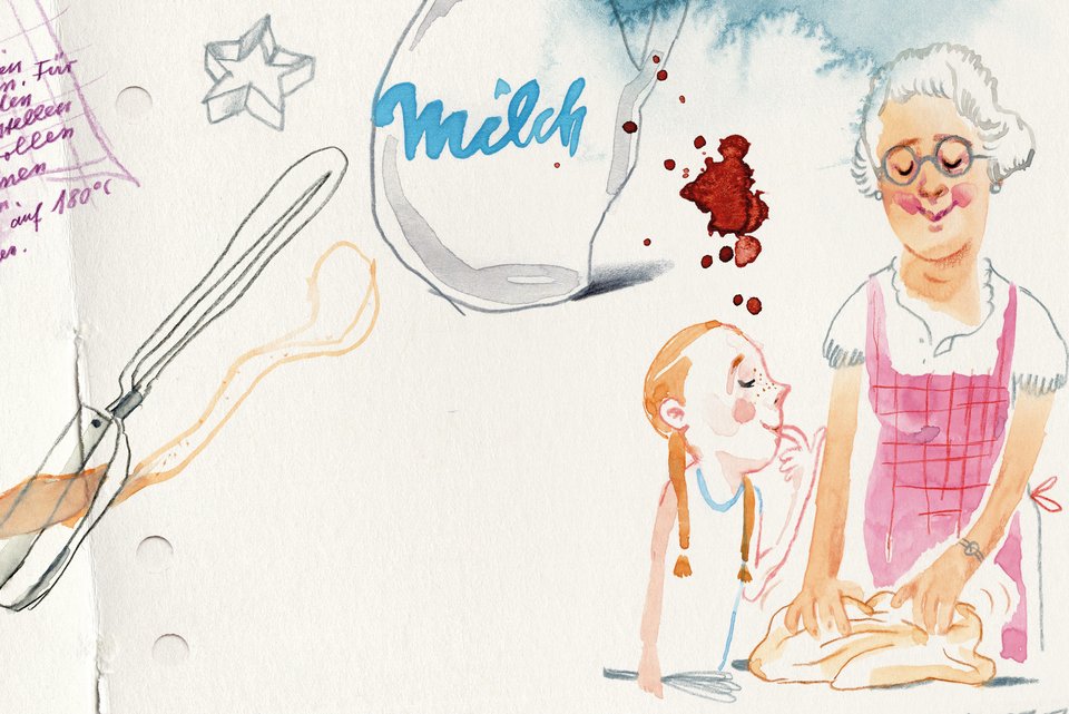 Die Illustration zeigt eine Großmutter, die mit ihrer Enkeltochter backt, daneben sind Milch und andere Zutatan und Utensilien