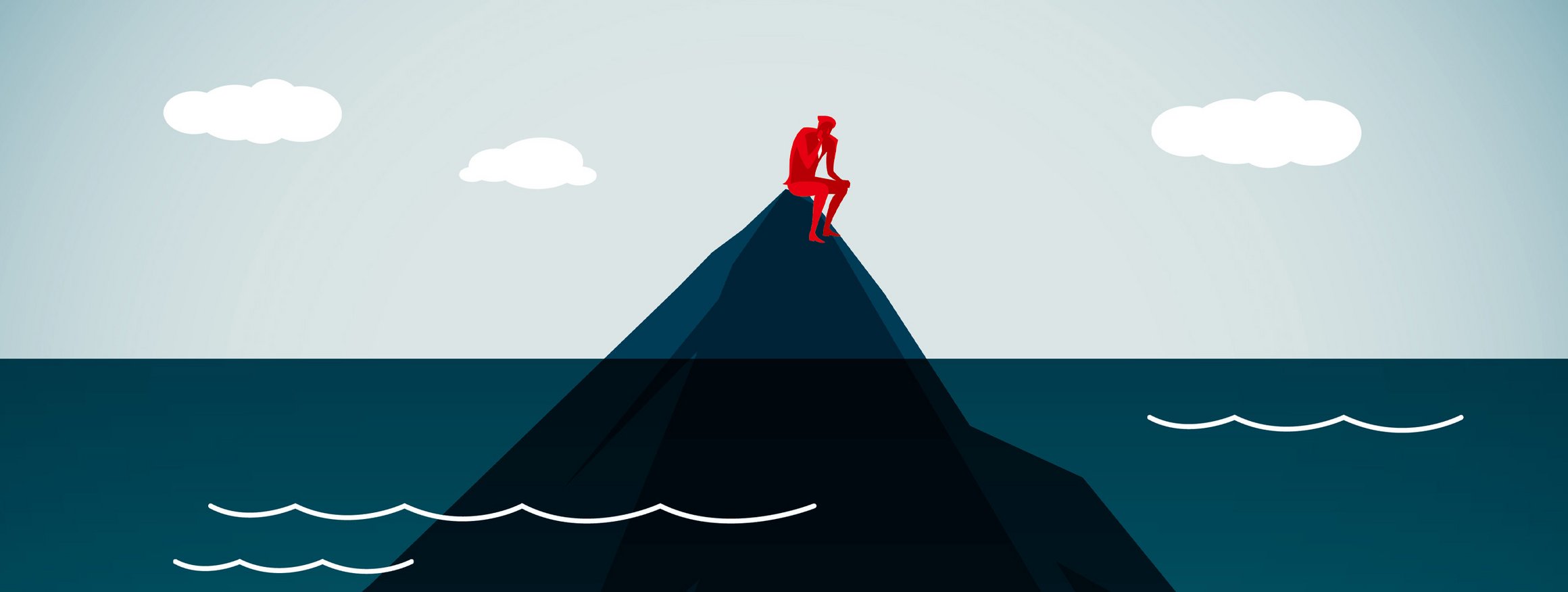 Die Illustration zeigt eine rote Person, die nachdenklich auf einem Felsen im Meer ganz allein sitzt