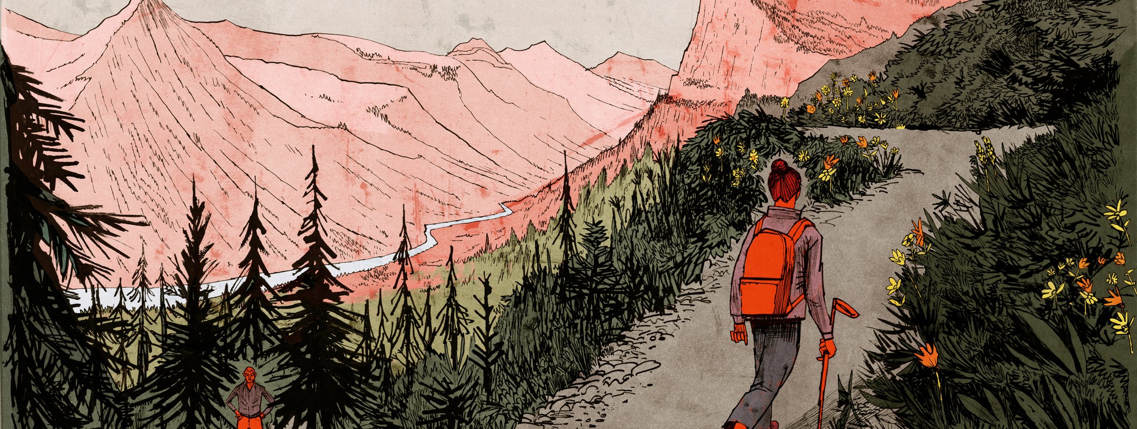 Eine Frau läuft mit Rucksack einen Wanderweg im Gebirge hoch, während weiter unten ein Mann mit Händen in den Hüften steht, der zurückgelassen wurde