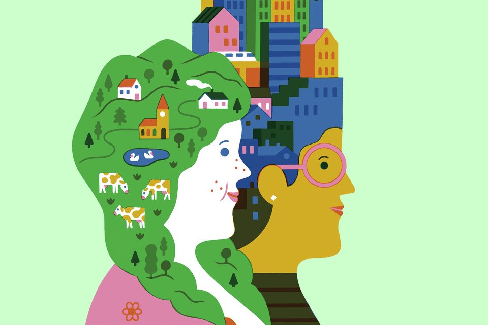 Die Illustration zeigt zwei weibliche Köpfe. Deren Haare einerseits eine grüne Dorfidylle mit Kühen zeigt, und andrerseits eine lebendige Großstadt mit Hochhäusern.
