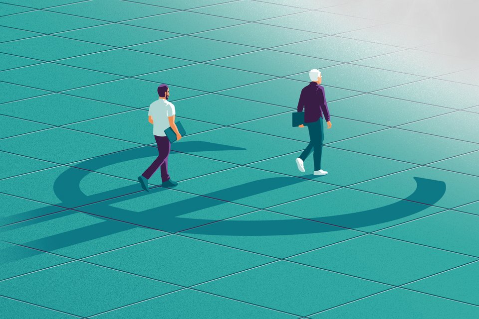 Die Illustration zeigt zwei Männer, die im Schatten des Euro-Symbols laufen und wirtschaftliche Ungleichheit aktzeptieren, solange sie fair ist