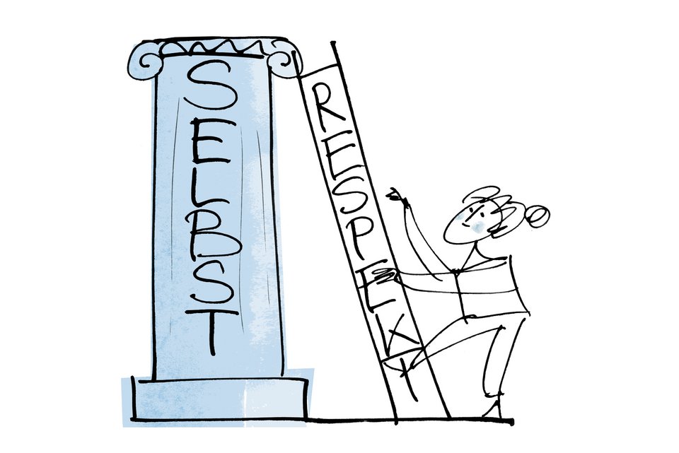 Die Illustration zeigt eine Frau, die mit einer Leiter auf das Wort "Respekt" steht, auf einer Säule hochklettert, auf der das Wort "Selbst" steht