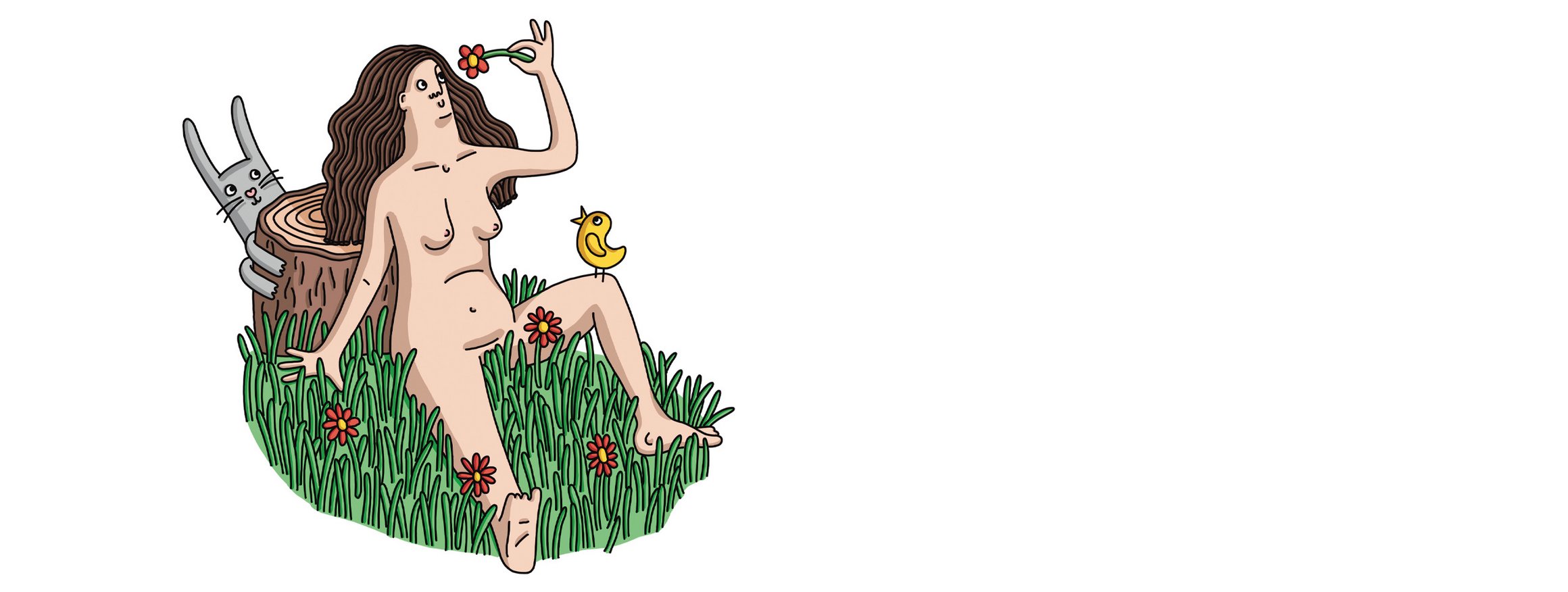 Die Illustration zeigt eine Frau mit langen Haaren, die zufrieden nackt im Gras sitzt, auf ihrem Knie ein Vogel und daneben ein Hase