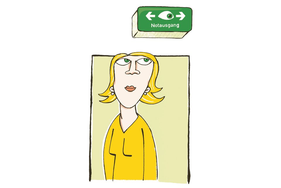 Die Illustration zeigt eine Frau, die auf ein Notausgang-Schild schaut