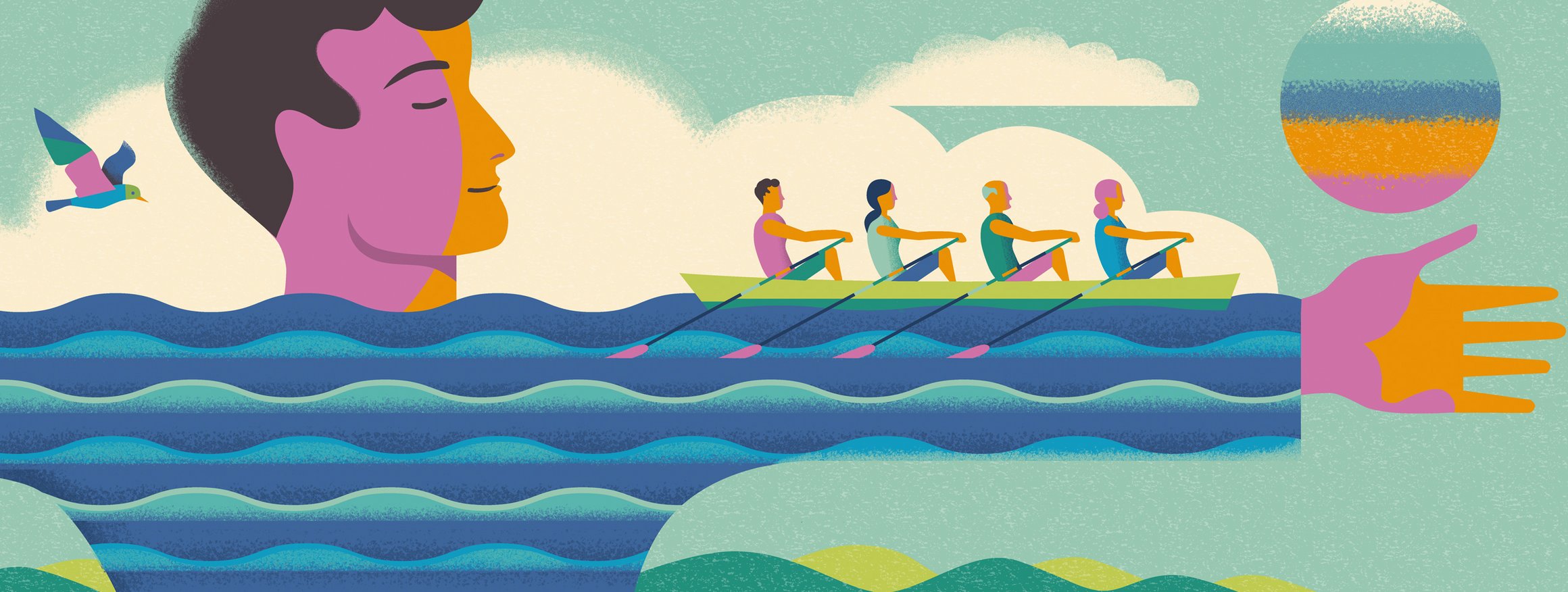 Ein Person streckt seinen Arm aus, der eine Welle darstellt, darauf sind vier Personen auf einem Ruderboot, die davon rudern