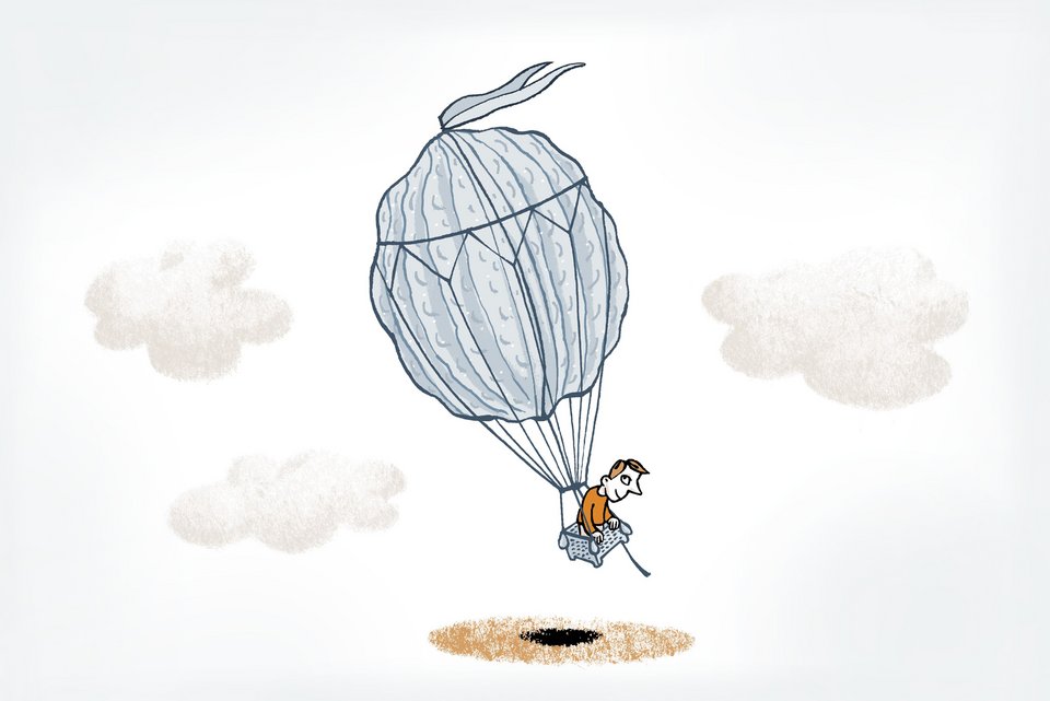 Die Illustration zeigt einen Mann in einem Heißluftballon in Form einer Walnuss