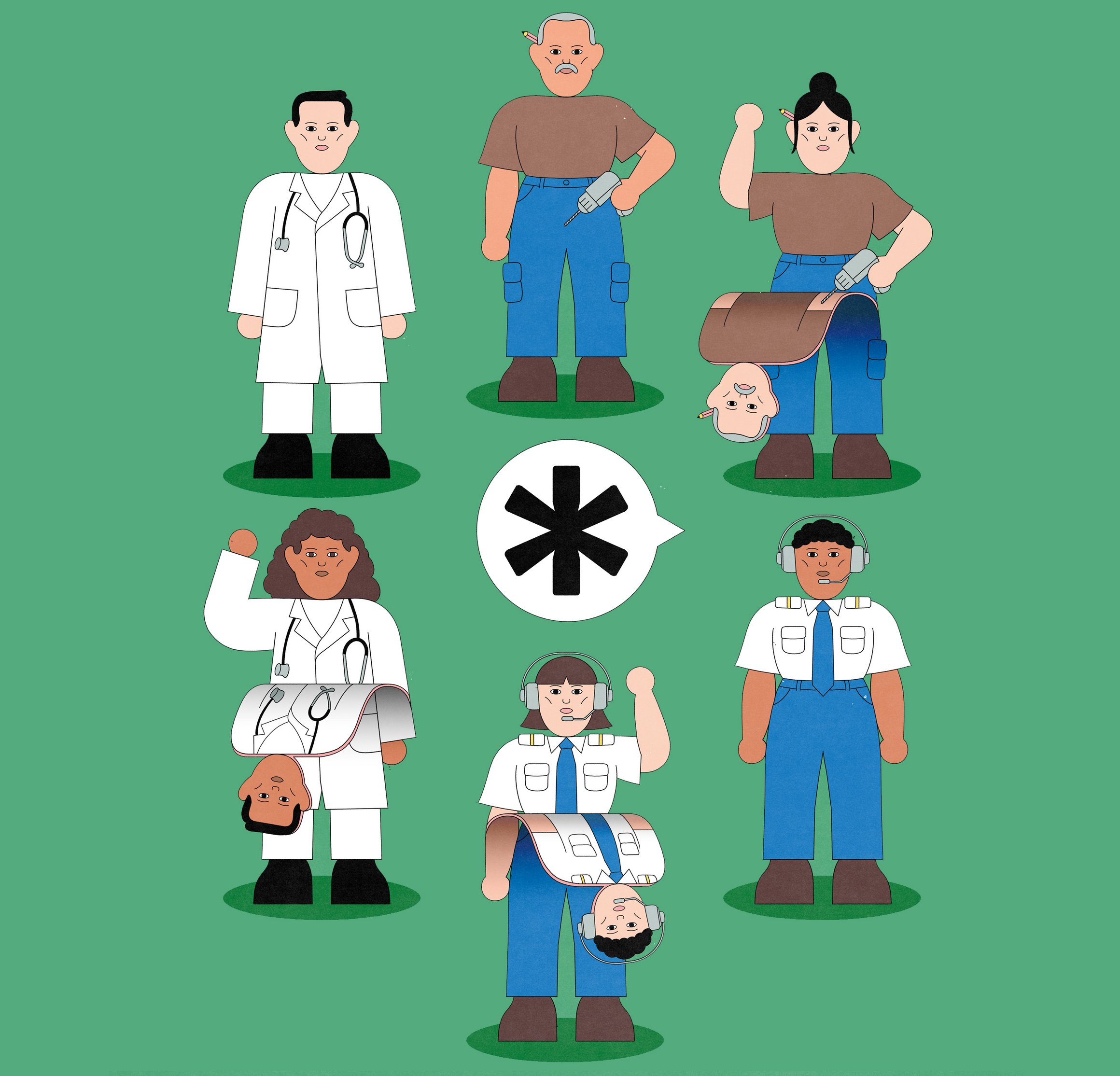 Die Illustration zeigt eine Person, die halb Pilotin und halb Pilot ist.