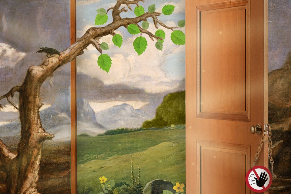 Die Illustration zeigt einen Baum mit grünen Blättern, auf dem ein Rabe sitzt, und der Ast aus einer Haustür aus Holz mit Verbotsschild am Türknopf, herauswächst.