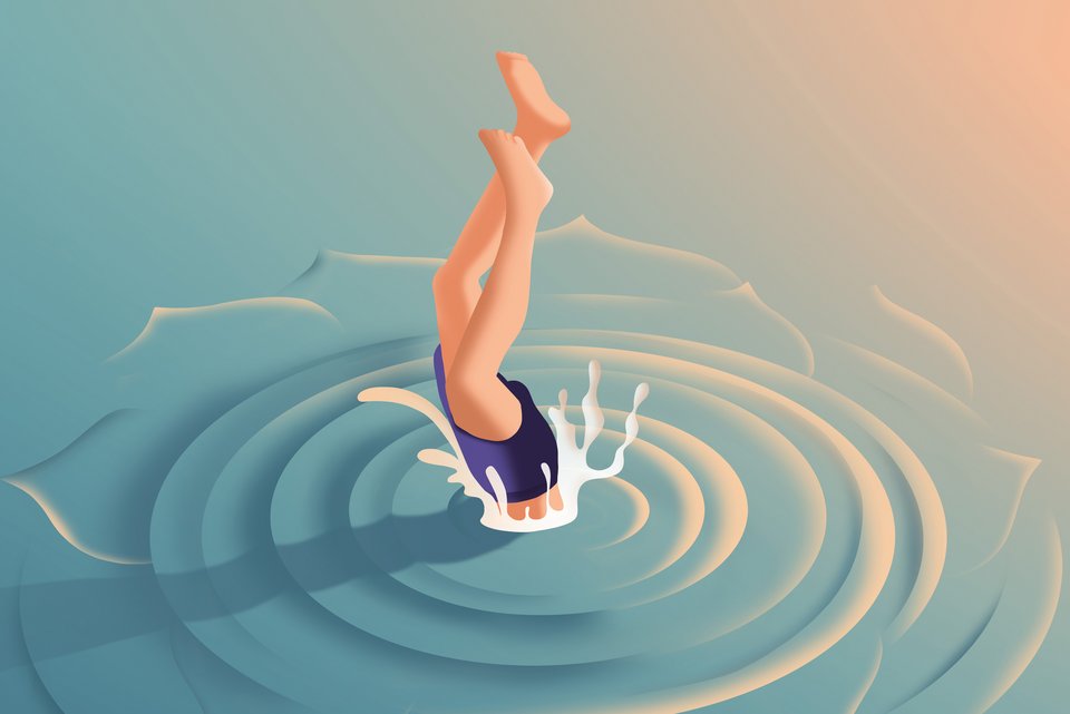 Die Illustration zeigt einen Mann mit blauer Badehose, der in sauberes Wasser eintaucht, mit dem Kopf zuerst