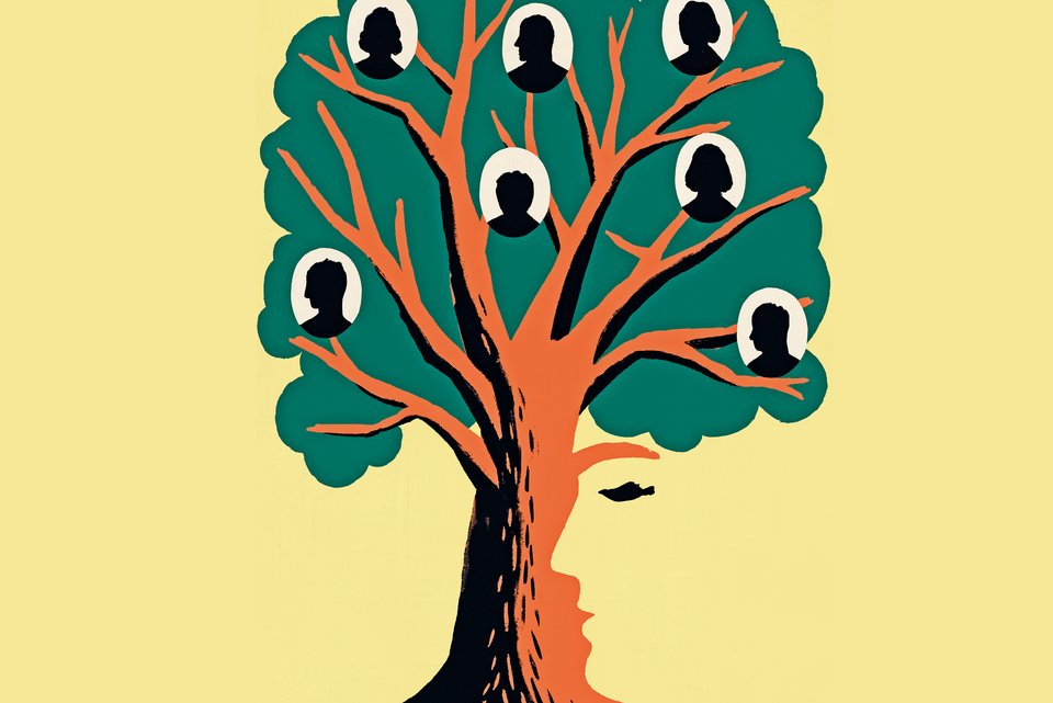 Die Illustration zeigt einen großen Baum, in dessen Stamm ein Gesicht zu sehen ist, und in der Baumkrone sind verschiedene Personen als Silhouette zu sehen